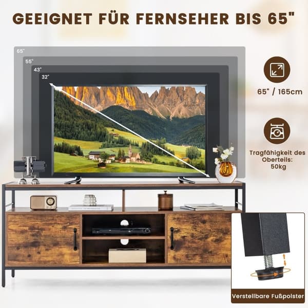 Tv-skab til tv'er op til 65 tommer lowboard med 2 døre og åbne rum Tv-stativ