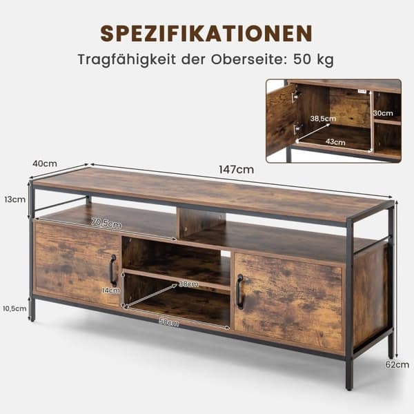 Tv-skab til tv'er op til 65 tommer lowboard med 2 døre og åbne rum Tv-stativ