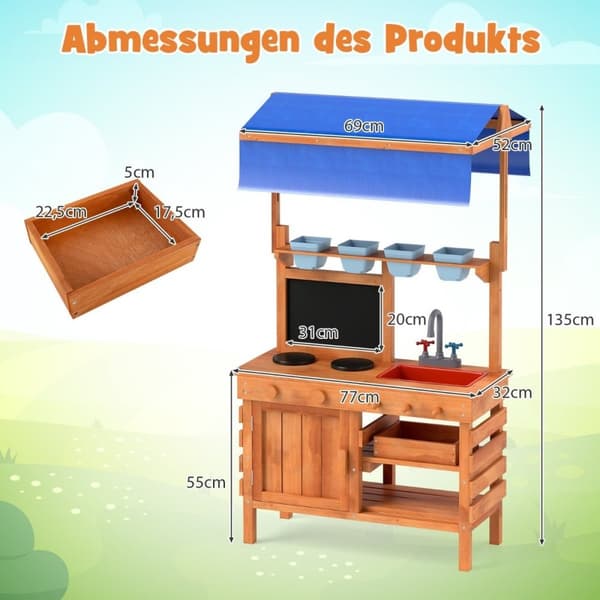 Slamkjøkken for barn barnekjøkken ved med høydejusterbar solseil 77 x 52 x 135 cm