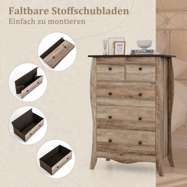 Byrå med 5 vikbara tyglådor, skänk i lantlig stil, lådskåp, brun