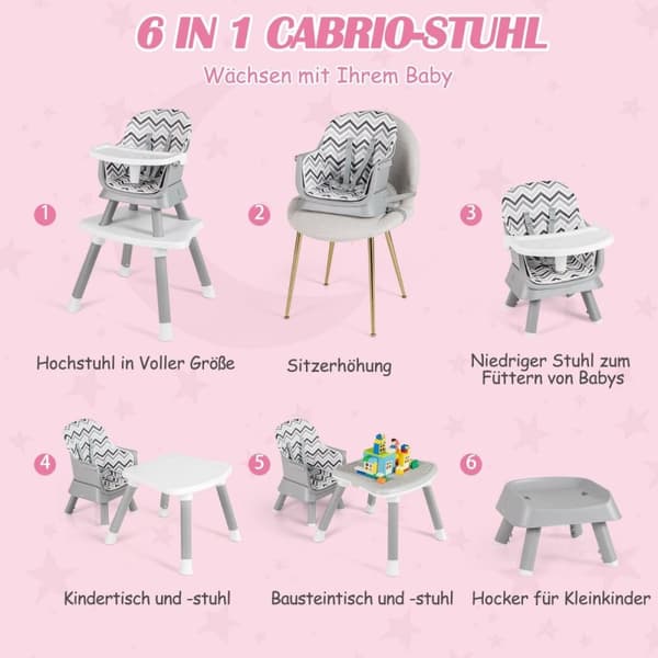 6-i-1 baby høj stol høj stol &amp; Spisestuestol &amp; Lærebord babystol kombination høj stol grå og hvid