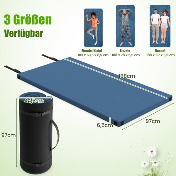 Memory foam campingmadrass roll-up campingmatta med vattentät beläggning 188 x 97 x 6,5 cm blå