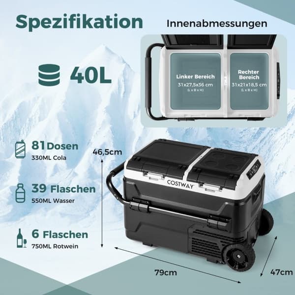 12V autojääkaappi 2 jäähdytysvyöhykkeellä 40L kannettava pakastin kompressorilla (-20℃~20℃)