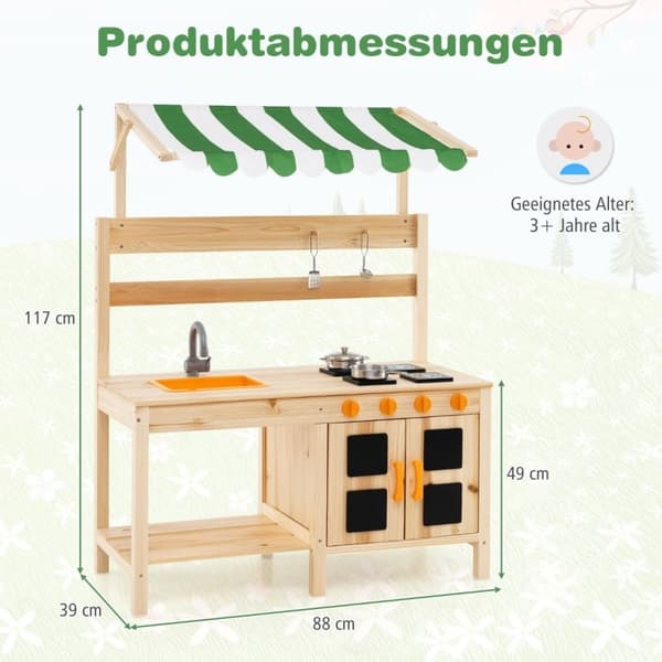 Slamkjøkken barn utendørs barnekjøkken grantre med tak 88 x 39 x 117 cm natur