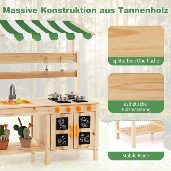 Slamkjøkken barn utendørs barnekjøkken grantre med tak 88 x 39 x 117 cm natur