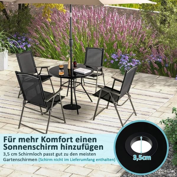 Hagebord med herdet glass bordplate terrassebord med paraplyhull 86 x 86 x 71 cm svart