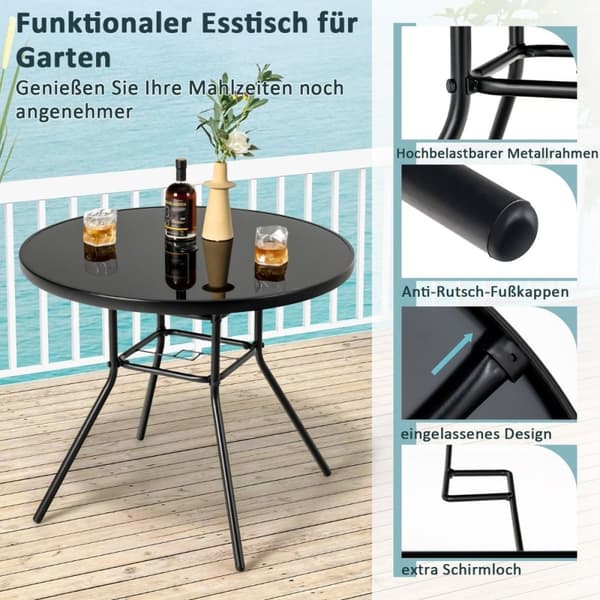 Hagebord med herdet glass bordplate terrassebord med paraplyhull 86 x 86 x 71 cm svart