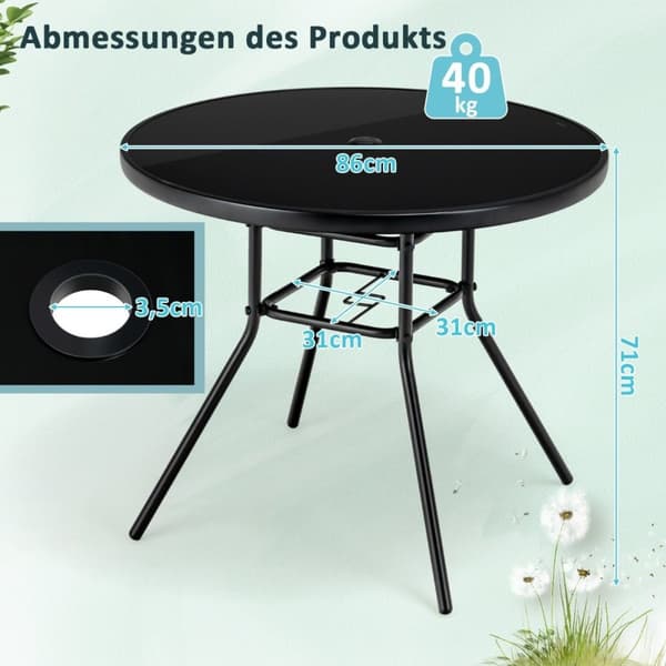 Hagebord med herdet glass bordplate terrassebord med paraplyhull 86 x 86 x 71 cm svart