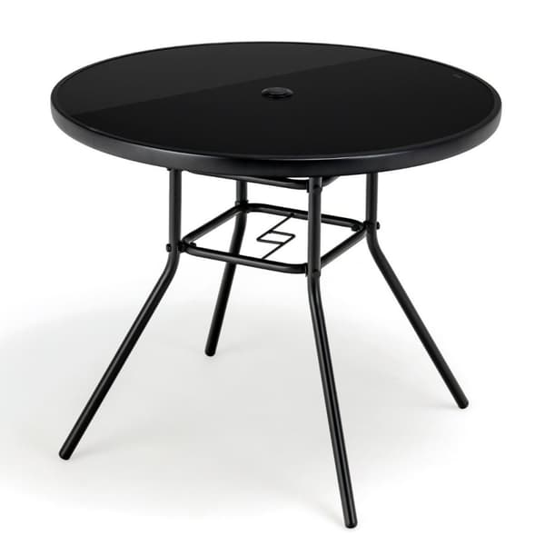 Hagebord med herdet glass bordplate terrassebord med paraplyhull 86 x 86 x 71 cm svart