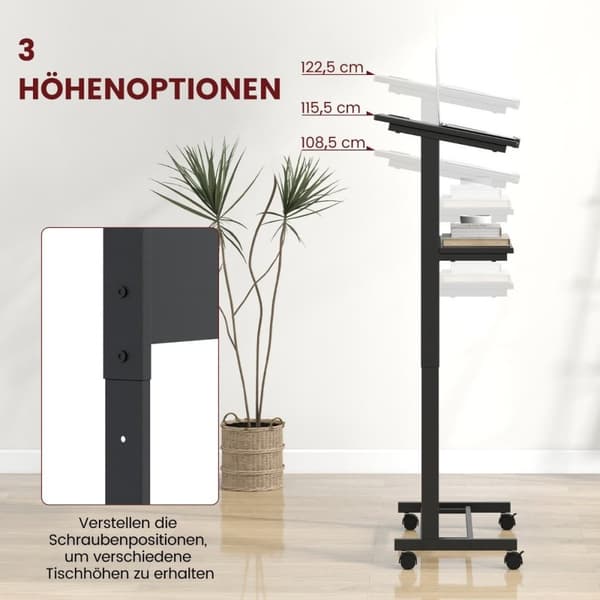 Stående skrivebord højdejusterbart stå-sit skrivebord med hjul mobilt ståbord sort