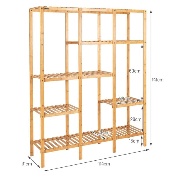 Plantehylle bambus stående hylle med 5 nivåer blomstertrapper plantestativ med hengende ramme 114 x 31 x 141 cm naturlig