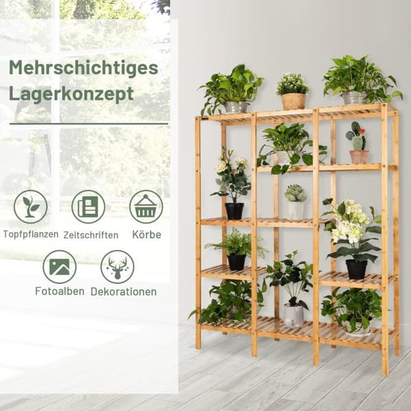 Plantehylle bambus stående hylle med 5 nivåer blomstertrapper plantestativ med hengende ramme 114 x 31 x 141 cm naturlig