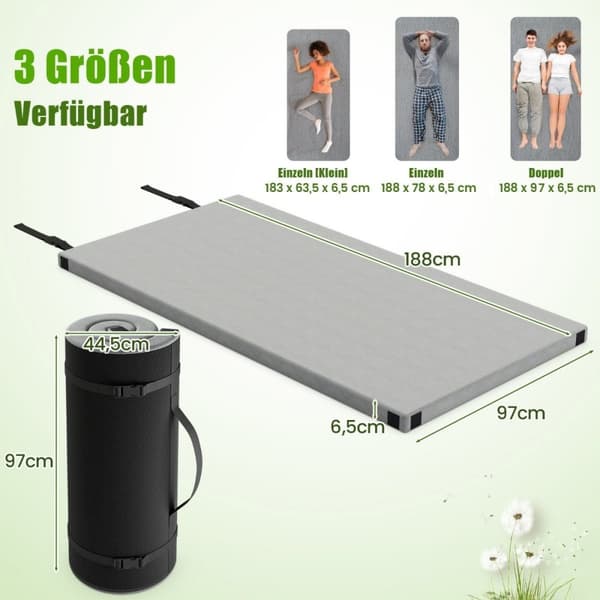 Memory skum campingmadras roll-up campingmåtte med vandtæt belægning 188 x 97 x 6,5 cm grå