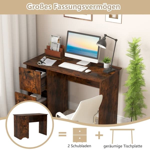 Computerbord med 2 skuffer, skrivebord, robust spillebord, toiletbord, laptopbord, brun