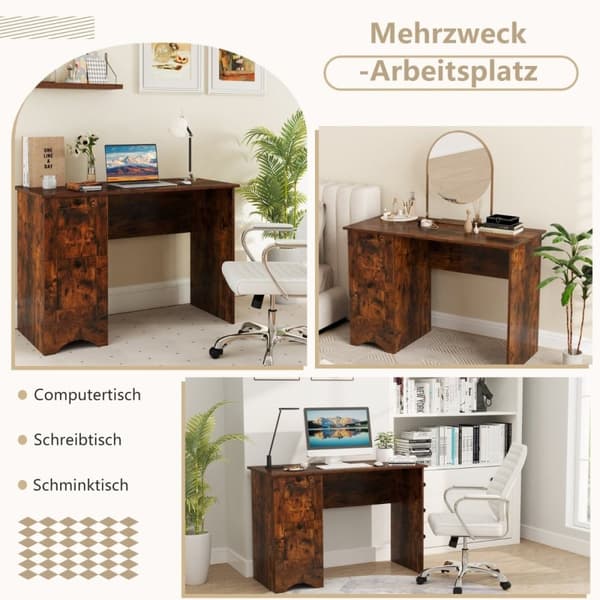 Computerbord med 2 skuffer, skrivebord, robust spillebord, toiletbord, laptopbord, brun