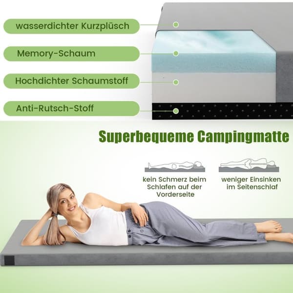 Memory foam campingmadrass med vattentät beläggning 188 x 78 x 6,5 cm grå