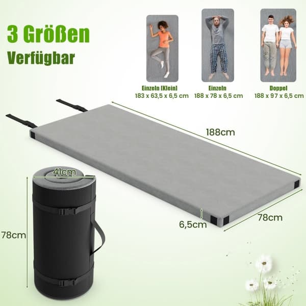 Memory foam campingmadrass med vattentät beläggning 188 x 78 x 6,5 cm grå