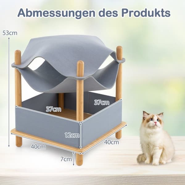 Kattehus 2 niveauer bambus høj katteseng med opbevaringsplads 40 x 40 x 53 cm natur + grå