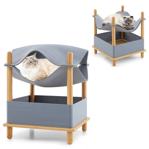 Kattehus 2 niveauer bambus høj katteseng med opbevaringsplads 40 x 40 x 53 cm natur + grå