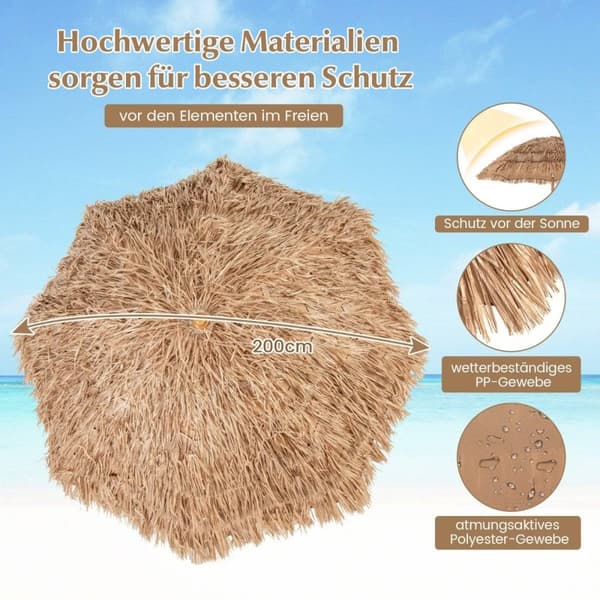 Havaijilaistyylinen rantasateenvarjo kokoontaitetulla jalustalla, kallistusnuppi ja kantolaukku Tiki-sateenvarjo