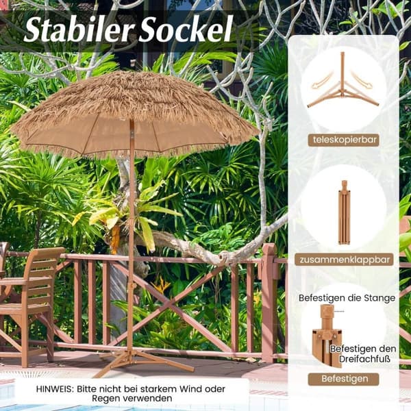 Havaijilaistyylinen rantasateenvarjo kokoontaitetulla jalustalla, kallistusnuppi ja kantolaukku Tiki-sateenvarjo