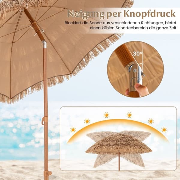 Havaijilaistyylinen rantasateenvarjo kokoontaitetulla jalustalla, kallistusnuppi ja kantolaukku Tiki-sateenvarjo