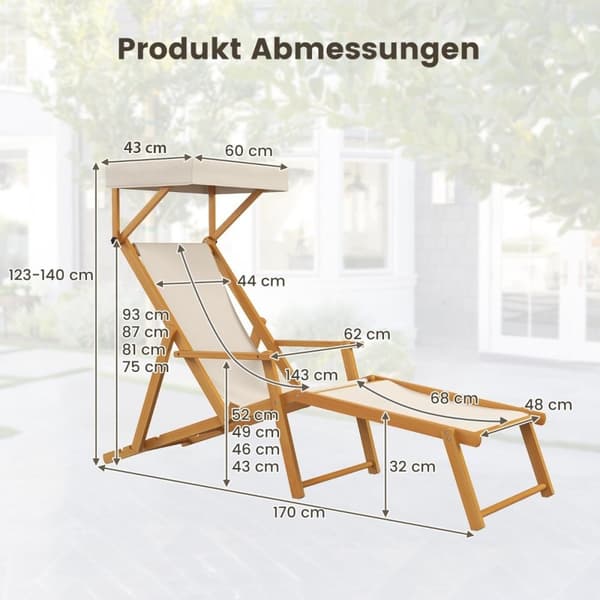 Sammenleggbar strandseng med vippbar kalesje og justerbar rygg og fotstøtte