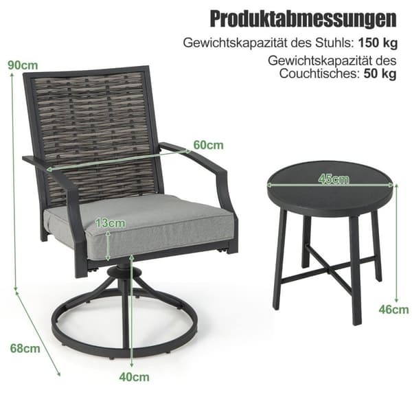 3-delt terrassemøbelsett med salongbord og myke sitteputer og robust metallramme