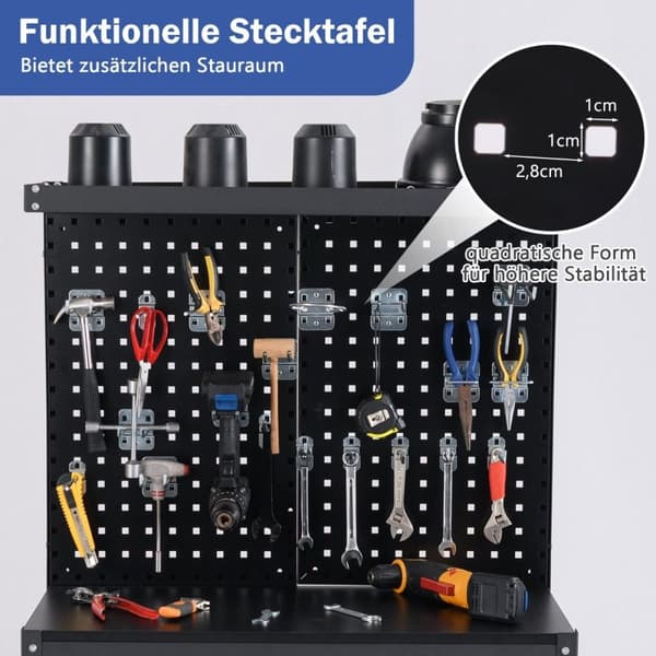 Arbejdsbord 81 x 41 cm 225 kg bæreevne arbejdsbord med perforeret væg &amp; Skuffer &amp; sorte hylder