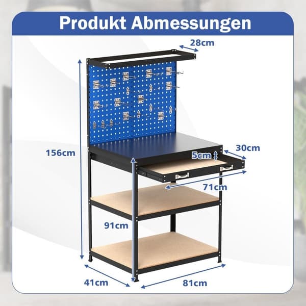 Arbejdsbord 81 x 41 cm 225 kg bæreevne arbejdsbord med perforeret væg &amp; Skuffer &amp; hylder blå
