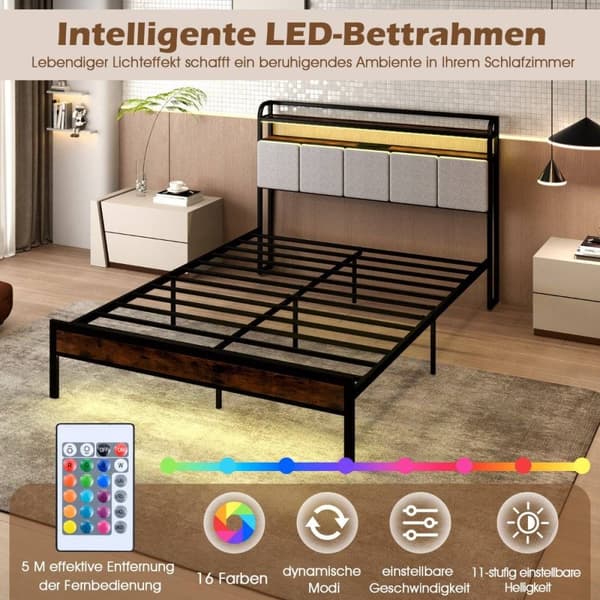 King-size-vuoteen runko LED-valolla ja latausasemalla sekä pehmustettu sängynpäädyn metallirunkoinen sängyn runko