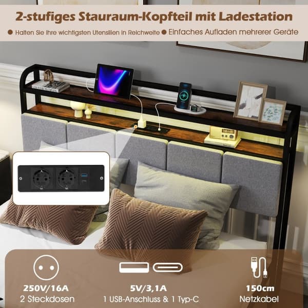 King-size-vuoteen runko LED-valolla ja latausasemalla sekä pehmustettu sängynpäädyn metallirunkoinen sängyn runko
