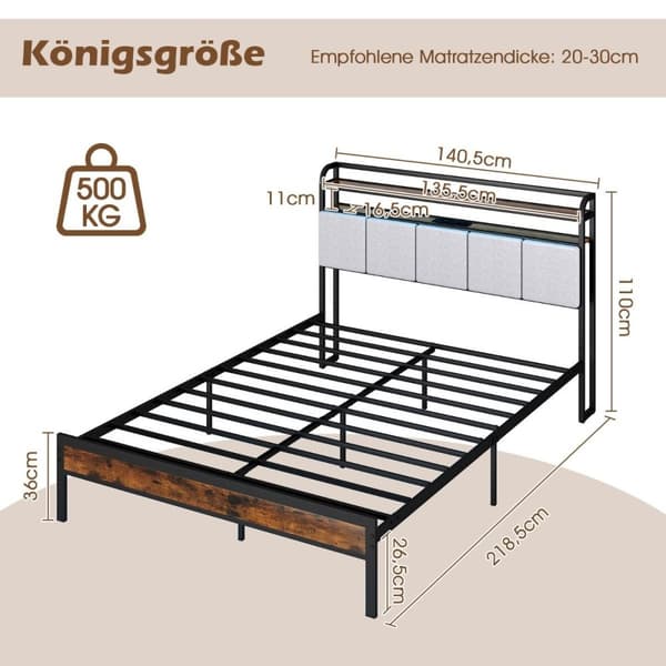 King-size-vuoteen runko LED-valolla ja latausasemalla sekä pehmustettu sängynpäädyn metallirunkoinen sängyn runko