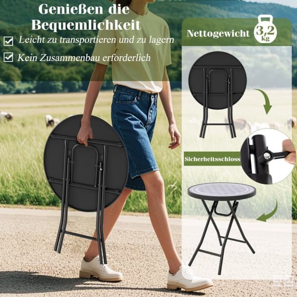 Rund uteplass sofabord med herdet glassplate &amp; Metallramme Sammenleggbar sidebord Grå