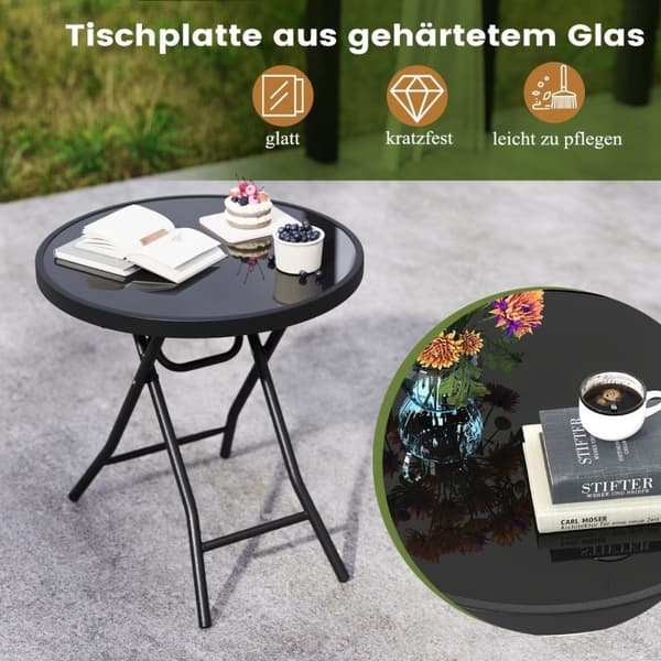 Rundt gårdhave sofabord med hærdet glasplade &amp; Metalramme Foldesidebord Sort