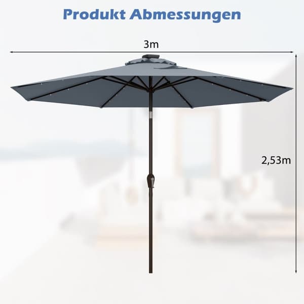 LED-belysning Cantilever Paraply Rund Parasoll Solcelledrevet hageparaply sveiv grå