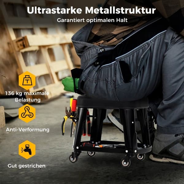 Værkstedskammel værkstedsstol med udstyrsbakke og værktøjsholder værkstedsrullestol sort