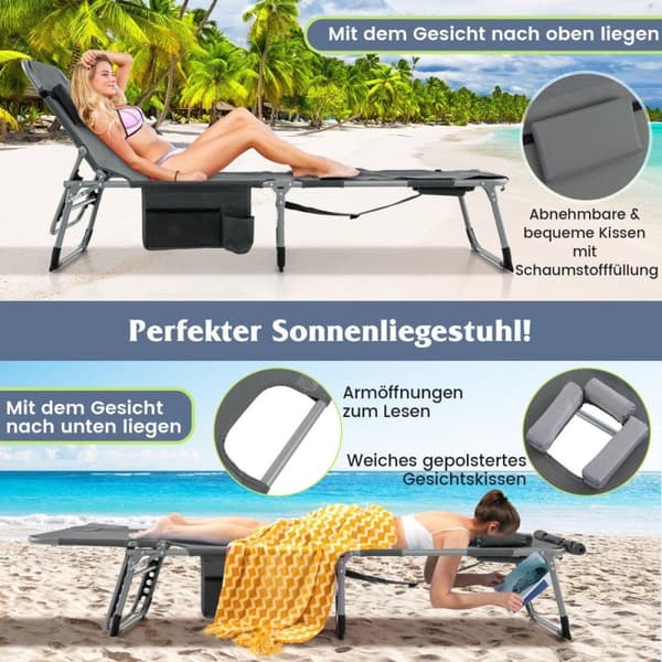 Solstol med ansiktsöppning & justerbart ryggstöd & fotstöd Hopfällbar trädgårdsstol Grå