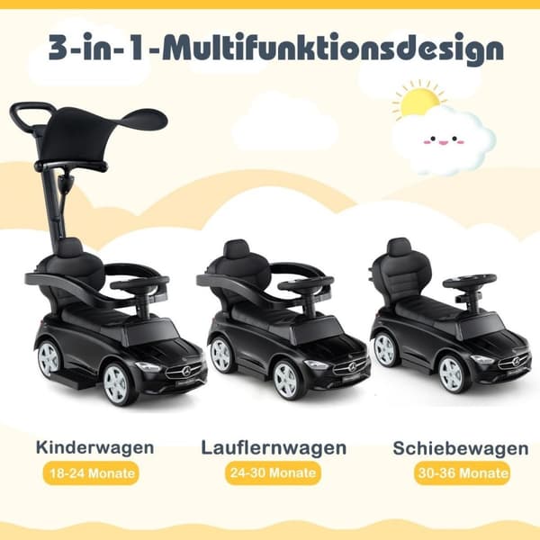 Mercedes-Benz-kørebil 3-i-1-køretøj med skubbehåndtag køre-på-bil til børn fra 1 år og derover sort