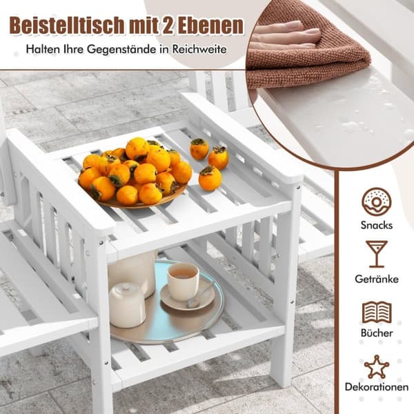 Hagebenk med bord 2-seters benk med 5 cm paraplyhull trebenk laget av grantre opptil 330 kg 165 x 60 x 88 cm hvit