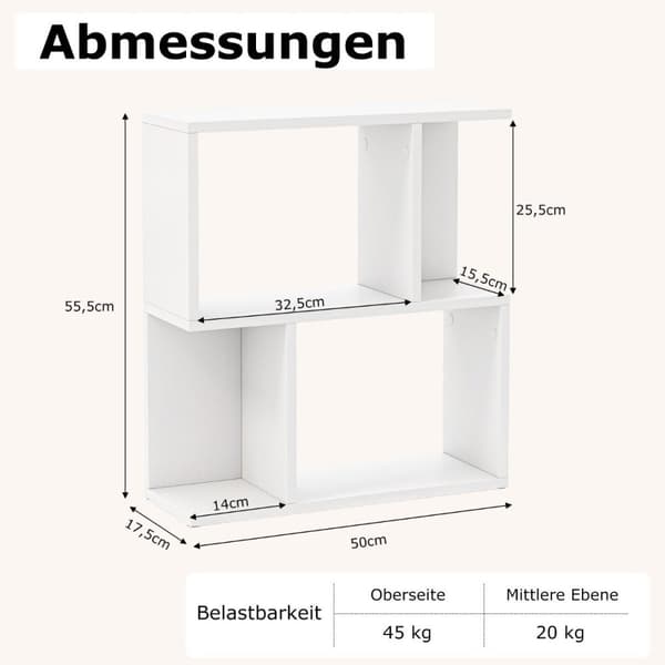 Reol med 4 rum, sidebord, sofa, natbord, rumdeler, træ, 50 x 17,5 x 55,5 cm, hvid