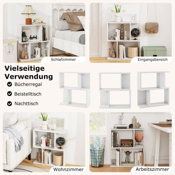 Reol med 4 rum, sidebord, sofa, natbord, rumdeler, træ, 50 x 17,5 x 55,5 cm, hvid