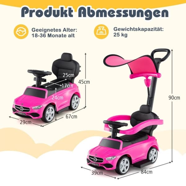 Mercedes-Benz kjøre-på-bil 3-i-1-kjøretøy med skyvehåndtak kjøre-på-bil for barn fra 1 år rosa