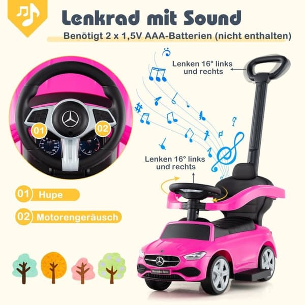 Mercedes-Benz kjøre-på-bil 3-i-1-kjøretøy med skyvehåndtak kjøre-på-bil for barn fra 1 år rosa