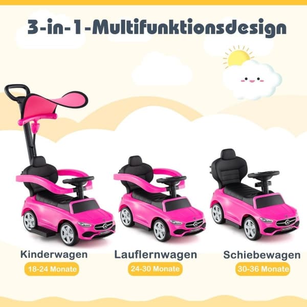 Mercedes-Benz ride-on bil 3-i-1 ride-on køretøj med skubbehåndtag ride-on bil til børn fra 1 år pink