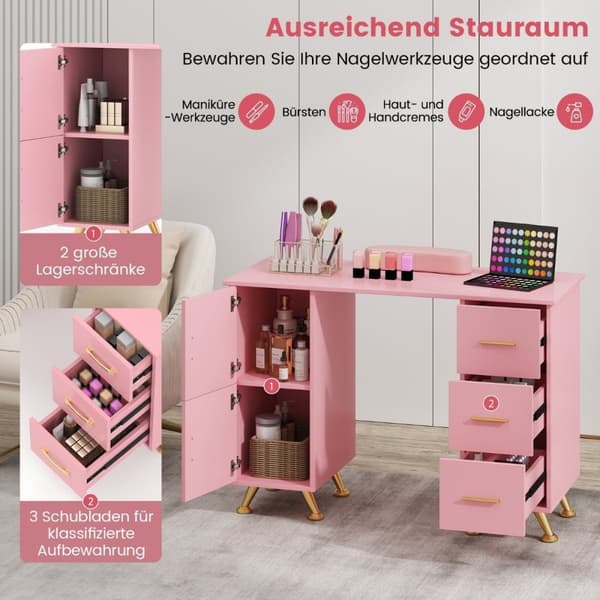 Manicurebord med skuffeskabe &amp; Håndledsstøtte manicure bord pink