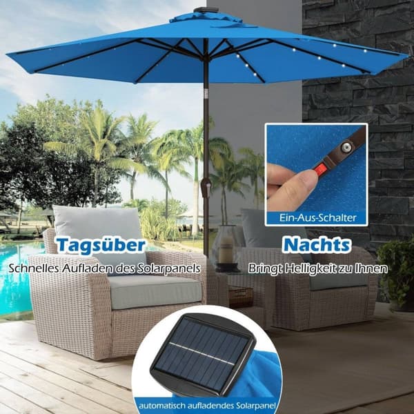 LED-belysning cantilever paraply rund parasol solcelledrevet haveparaply krank blå