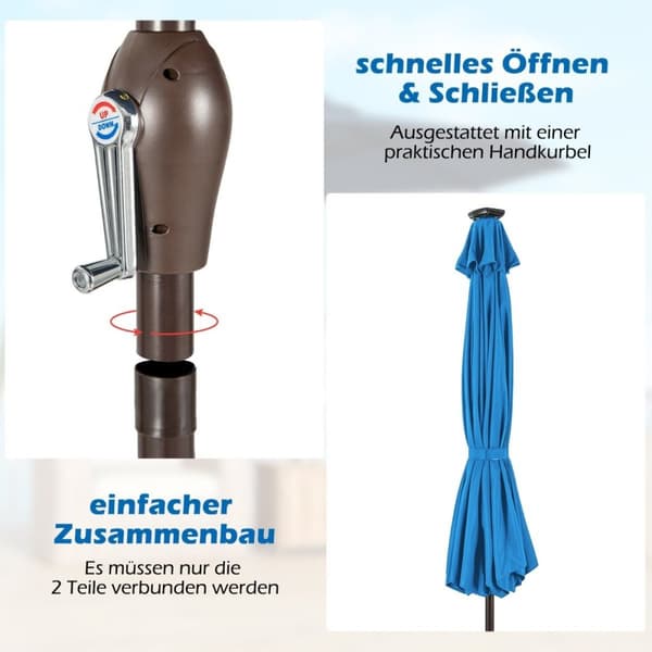 LED-belysning cantilever paraply rund parasol solcelledrevet haveparaply krank blå