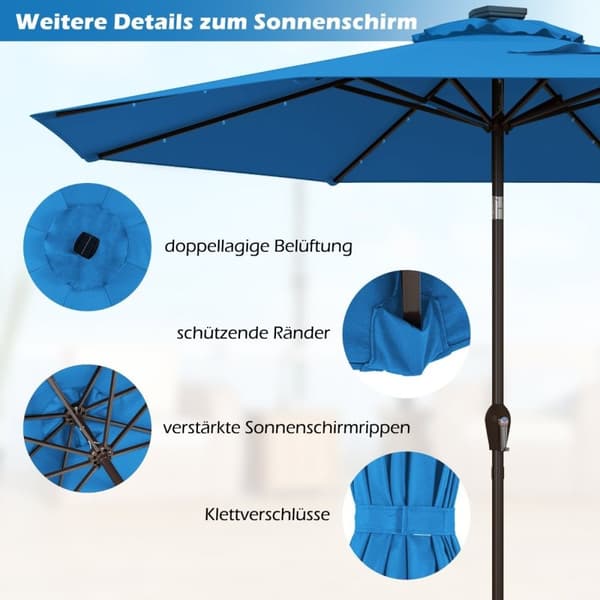 LED-belysning cantilever paraply rund parasol solcelledrevet haveparaply krank blå