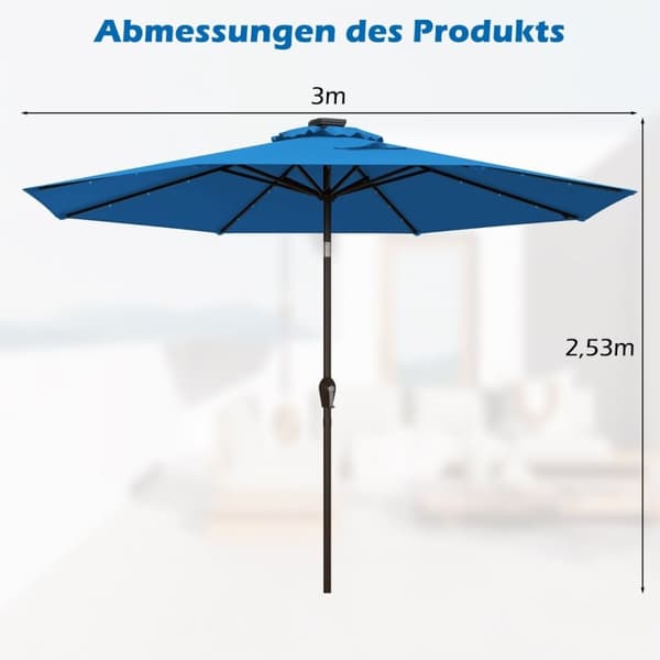 LED-belysning cantilever paraply rund parasoll solcelledrevet hage paraply sveiv blå